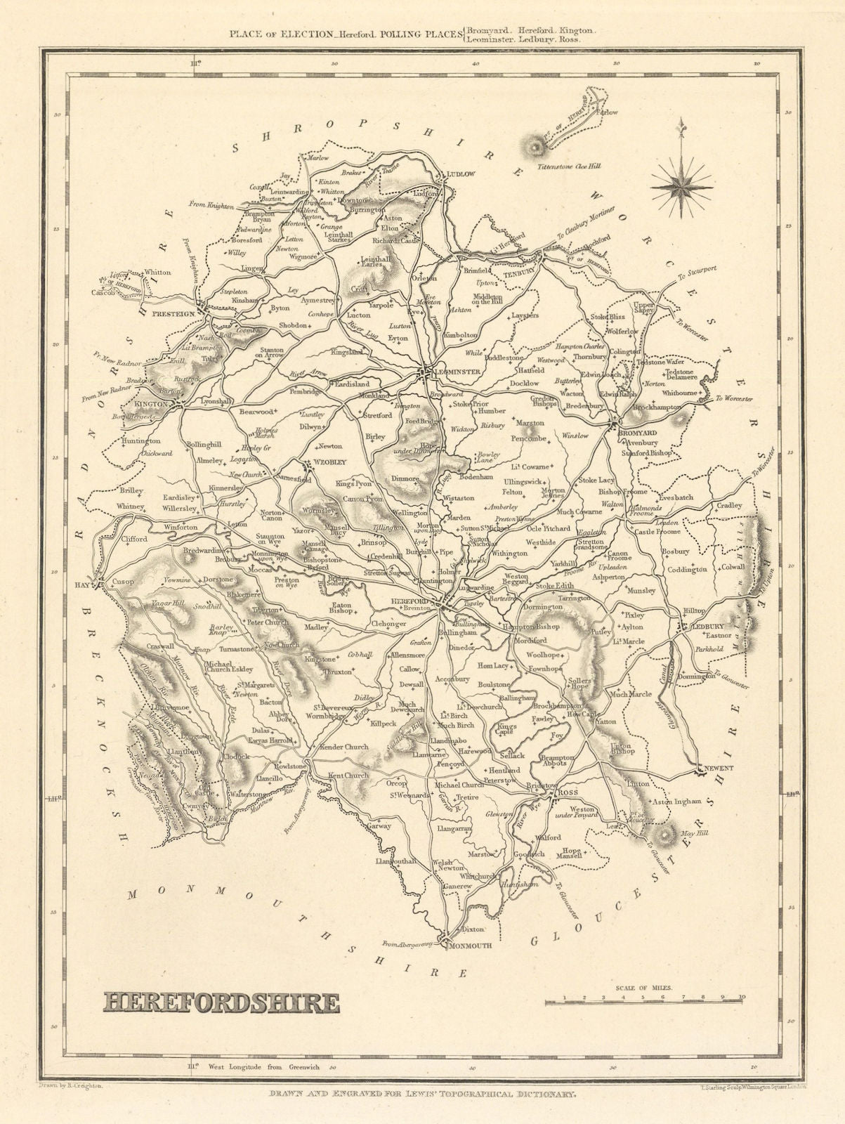 Antique county map of HEREFORDSHIRE by Starling & Creighton for Lewis c1840